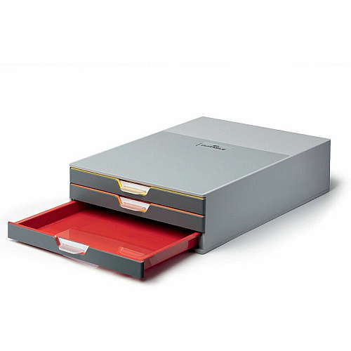 DURABLE VARICOLOR 3 Drawer Desktop Storage Box, Gray/Multicolor 3 Drawer(s) - 3.75" Height x 11" Width x 14" Depth - Desktop - Stackable, Labeling Area, Non-skid Feet - Gray - Plastic - 1 Each (760327)