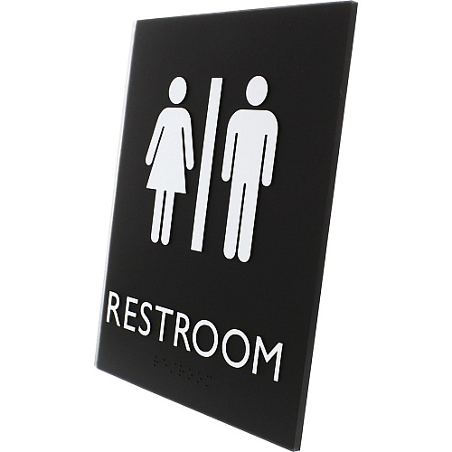 Lorell Unisex Restroom Sign Print/Message "Toilette Men" , "TOILETTE (ladies)" - 6.4" Width x 8.5" Height - Rectangular Shape - Surface-mountable - Easy Readability, Braille - Restroom, Information - Plastic - Black - 1 Each (LLR02663)