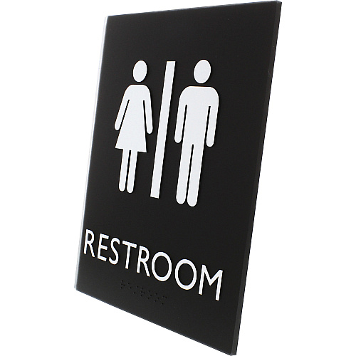 Lorell Unisex Restroom Sign Print/Message "Toilette Men" , "TOILETTE (ladies)" - 6.4" Width x 8.5" Height - Rectangular Shape - Surface-mountable - Easy Readability, Braille - Restroom, Information - Plastic - Black - 1 Each (LLR02663)