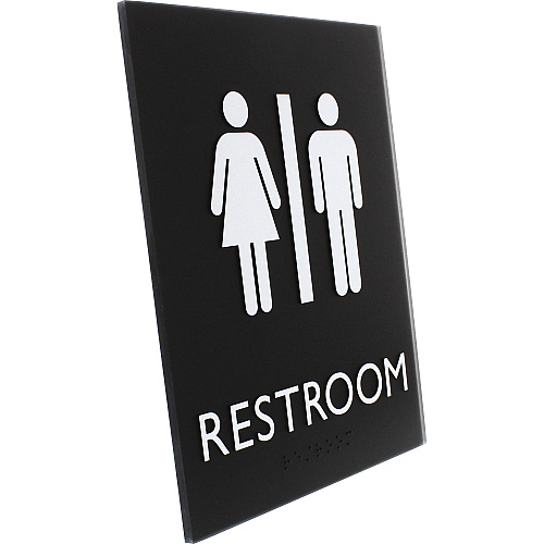 Lorell Unisex Restroom Sign Print/Message "Toilette Men" , "TOILETTE (ladies)" - 6.4" Width x 8.5" Height - Rectangular Shape - Surface-mountable - Easy Readability, Braille - Restroom, Information - Plastic - Black - 1 Each (LLR02663)