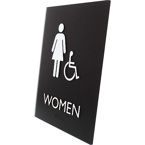 Lorell Women's Handicap Restroom Sign Print/Message "Women" - 6.4" Width x 8.5" Height - Rectangular Shape - Surface-mountable - Easy Readability, Braille - Plastic - Black - 1 Each (LLR02666)