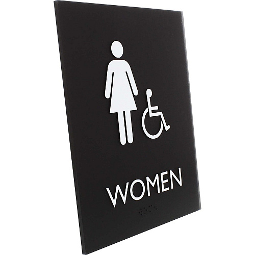 Lorell Women's Handicap Restroom Sign Print/Message "Women" - 6.4" Width x 8.5" Height - Rectangular Shape - Surface-mountable - Easy Readability, Braille - Plastic - Black - 1 Each (LLR02666)