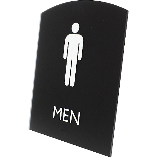 Lorell Arched Men's Restroom Sign Print/Message "Men" - 6.8" Width x 8.5" Height - Rectangular Shape - Surface-mountable - Easy Readability, Braille - Plastic - Black - 1 Each (LLR02676)