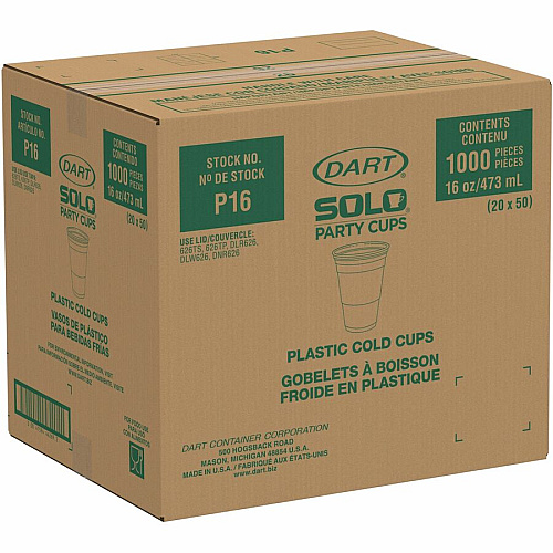 Solo 16 oz Plastic Cold Party Cups 16 fl oz - Round - Translucent - Polystyrene - Cold Drink, Party, Soda, Juice, Concession Stand - 50/Bag - 20 / Carton (P16)