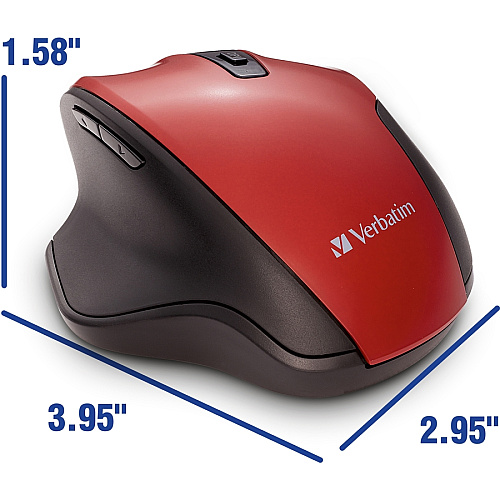 Verbatim Silent Ergonomic Wireless Blue LED Mouse - Red Blue LED/Optical - Wireless - Radio Frequency - 2.40 GHz - Red - USB - 1600 dpi - 6 Button(s) - 1 Each (70243)