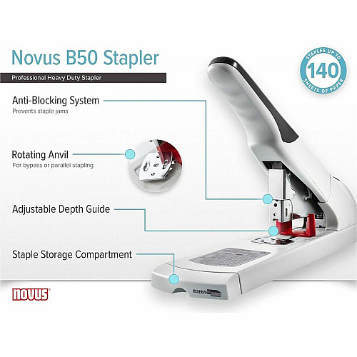 Novus B50 Heavy Duty Stapler Staples Upto 140 Sheet of 80g/m² Paper - 3" Throat Depth - Off White - Steel, Plastic - 1 Carton (0230060)