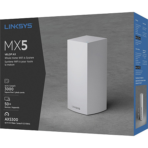 Linksys Velop MX5 Wi-Fi 6 IEEE 802.11ax Ethernet Wireless Router 2.40 GHz ISM Band - 5 GHz UNII Band - 662.50 MB/s Wireless Speed - 4 x Network Port - 1 x Broadband Port - USB - Gigabit Ethernet - Desktop (MX5300)