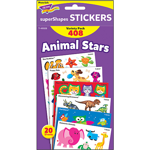 Trend Animal Fun Stickers Variety Pack Fun, Animal Theme/Subject - Sea Buddies, Owl-Stars, Puppy Pals Shape - Photo-safe, Non-toxic, Acid-free - 8" Height x 4.13" Width x 6.63" Length - Multicolor - 408 / Pack (46928)