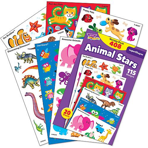 Trend Animal Fun Stickers Variety Pack Fun, Animal Theme/Subject - Sea Buddies, Owl-Stars, Puppy Pals Shape - Photo-safe, Non-toxic, Acid-free - 8" Height x 4.13" Width x 6.63" Length - Multicolor - 408 / Pack (46928)
