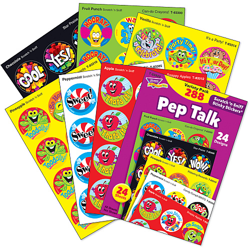Trend Pep Talk Scratch 'n Sniff Stinky Stickers Unicorn, Country Critters, Ribbeting Rewards, Candy Compli-MINTS, Snappy Apples, Star Praise Shape - Acid-free, Non-toxic, Photo-safe, Scented - 5.88" Height x 4.13" Width x 0.19" Length - Multicolor (83920)