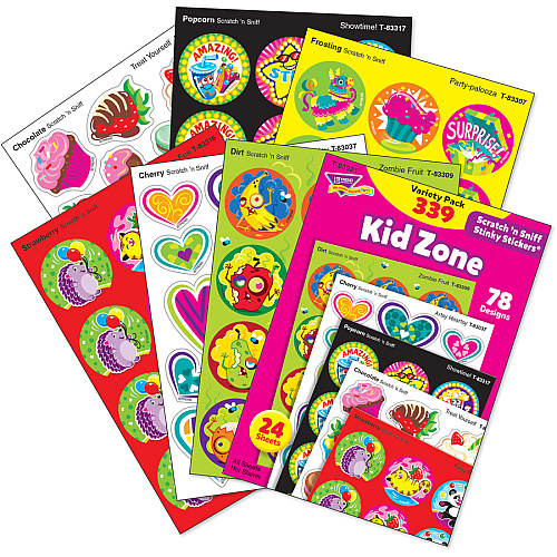 Trend Kid Zone Scratch 'n Sniff Stinky Stickers Furry Fun, Zombie Fruit, Bumper Blast, Artsy Heartsy, Hearty Fun, Party-palooza, Treat Yourself, Showtime! Shape - Acid-free, Non-toxic, Photo-safe, Scented - 5.88" Height x 4.13" Width x 0.19" Lengt (83921)