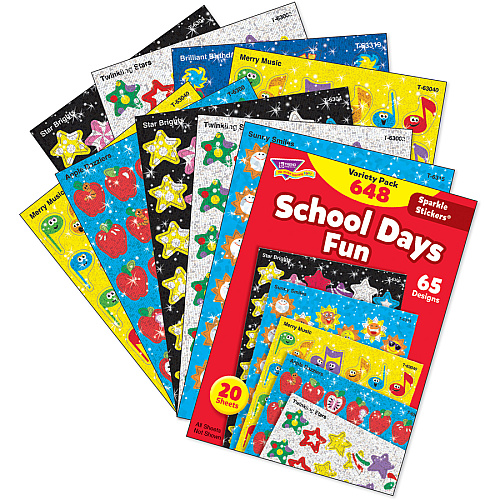 Trend Sparkle Stickers School Days Fun Stickers Fun Theme/Subject - Apple Dazzlers, Twinkling Stars, Merry Music, Brilliant Birthday, Sunny Smile, Star Bright Shape - Acid-free, Non-toxic, Photo-safe - 8" Height x 4.13" Width x 6" Length - Multico (63909)