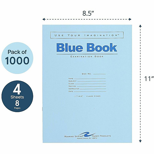 Roaring Spring Blue Examination Book 4 Sheets - 8 Pages - Printed - Stapled - Both Side Ruling Surface - Wide Ruled Front Ruling - 0.34" Ruled - Red Margin - 15 lb Basis Weight - 56 g/m² Grammage - 8 1/2" x 7" Sheet Size - 0.02" Height x 7" (77510CS)