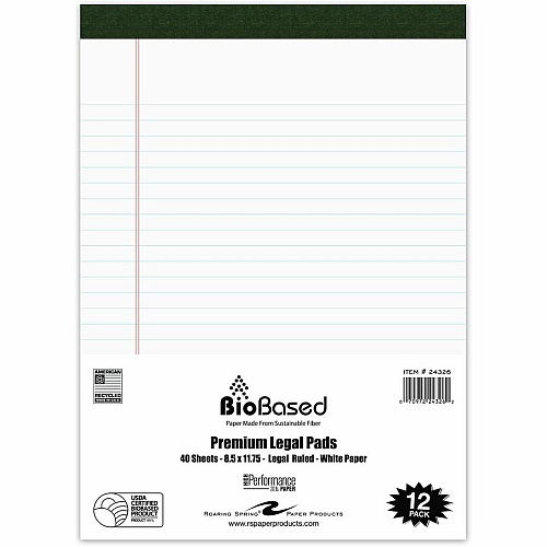 Roaring Spring USDA Certified Bio-Preferred Legal Pads 40 Sheets - 80 Pages - Printed - Stapled/Tapebound - Both Side Ruling Surface - Double Line Red Margin - 20 lb Basis Weight - 75 g/m² Grammage - 11 3/4" x 8 1/2" Sheet Size - 3" Height  (24326CS)