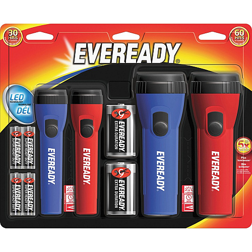Eveready LED Flashlight Combo Pack LED - Bulb - 25 lm Lumen - D - Battery - Red, Blue - 4/Pack - 4 / Carton (EVM5511SCT)