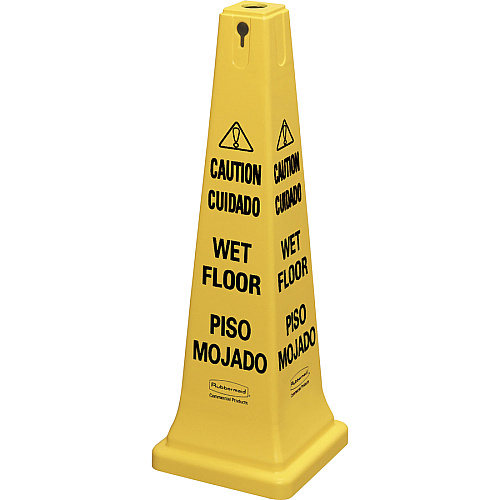 Rubbermaid Commercial 36" Safety Cone Spanish, English - Print/Message "Caution" , "Wet Floor" - 12.2" Width x 36" Height x 12.2" Depth - Cone Shape - Stackable, Sturdy - Plastic - Bright Yellow - 5 / Carton (627677CT)