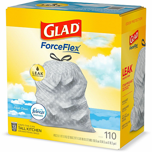 Glad ForceFlex Tall Kitchen Drawstring Trash Bags Fresh Clean with Febreze Freshness - 13 gal Capacity - 25.38" Length x 23.75" Width x 0.72 mil (18 Micron) Thickness - Drawstring Closure - White - Home, Office/ - 110 / Box (78563)