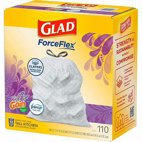 Glad ForceFlex Tall Kitchen Drawstring Trash Bags Gain Lavender with Febreze Freshness - 13 gal Capacity - 25.38" Length x 23.75" Width x 0.72 mil (18 Micron) Thickness - Drawstring Closure - White - Home, Office/ - 110 / Box (79157)