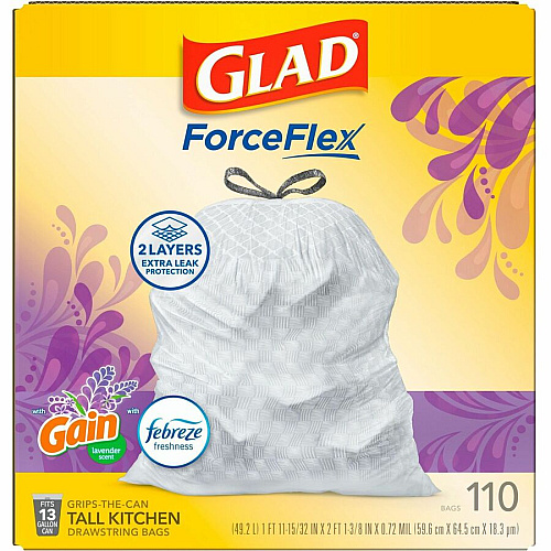 Glad ForceFlex Tall Kitchen Drawstring Trash Bags Gain Lavender with Febreze Freshness - 13 gal Capacity - 25.38" Length x 23.75" Width x 0.72 mil (18 Micron) Thickness - Drawstring Closure - White - Home, Office/ - 110 / Box (79157)