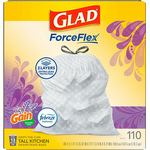 Glad ForceFlex Tall Kitchen Drawstring Trash Bags Gain Lavender with Febreze Freshness - 13 gal Capacity - 25.38" Length x 23.75" Width x 0.72 mil (18 Micron) Thickness - Drawstring Closure - White - Home, Office/ - 110 / Box (79157)