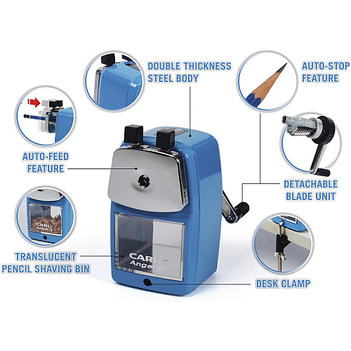 CARL Angel-5 Pencil Sharpener Desktop - 5" Height x 2.8" Width - Steel, Aluminum - Blue - 1 Each (19016)