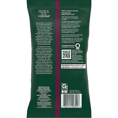Starbucks Caffe Verona Coffee Dark - 2.5 oz Per Pouch - Caffe Verona - 18 / Box (12411956)