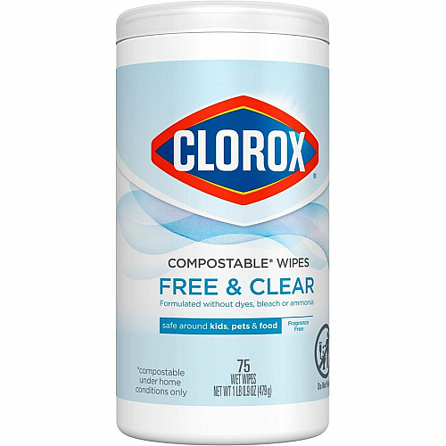 Clorox Free & Clear Compostable All Purpose Cleaning Wipes 4.25" Length x 4.25" Width - Fragrance-free, Dye-free, Residue-free, Durable - White - 75/Tub - 1 Each (32486)