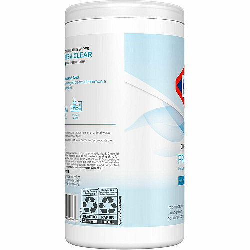 Clorox Free & Clear Compostable All Purpose Cleaning Wipes 4.25" Length x 4.25" Width - Fragrance-free, Dye-free, Residue-free, Durable - White - 75/Tub - 1 Each (32486)
