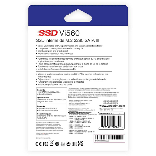 Verbatim Vi560 1 TB Solid State Drive - M.2 2280 Internal - SATA (SATA/600) Notebook, Desktop PC Device Supported - 445 TB TBW - 560 MB/s Maximum Read Transfer Rate - 3 Year Warranty - 1 Pack (70385)