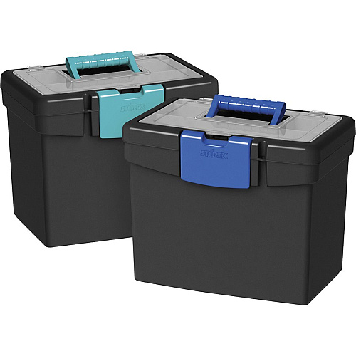 Storex File Storage Box with XL Storage Lid External Dimensions: 10.9" Length x 13.3" Width x 11" Height - 30 lb - Media Size Supported: Letter 8.50" x 11" - Clamping Latch Closure - Plastic - Black, Teal - For File, Folder - 1 Each (61414B02C)