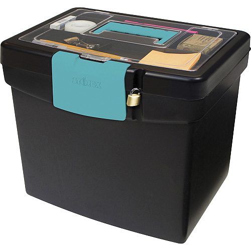 Storex File Storage Box with XL Storage Lid External Dimensions: 10.9" Length x 13.3" Width x 11" Height - 30 lb - Media Size Supported: Letter 8.50" x 11" - Clamping Latch Closure - Plastic - Black, Teal - For File, Folder - 1 Each (61414B02C)