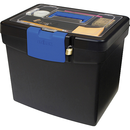 Storex File Storage Box with XL Storage Lid External Dimensions: 10.9" Length x 13.3" Width x 11" Height - 30 lb - Media Size Supported: Letter 8.50" x 11" - Clamping Latch Closure - Plastic - Black, Blue - For File, Folder - 1 Each (61415B02C)
