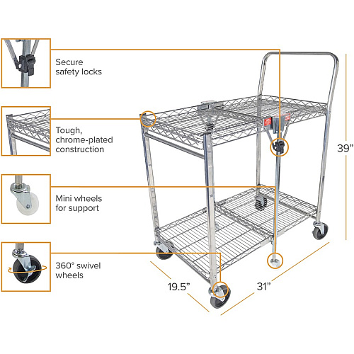 Bostitch Stowaway Utility Cart 2 Shelf - 400 lb Load Capacity - 6 Casters - 31" Length x 19.50" Width x 39" Height - Chrome - 1 Each (BSACSMCR)