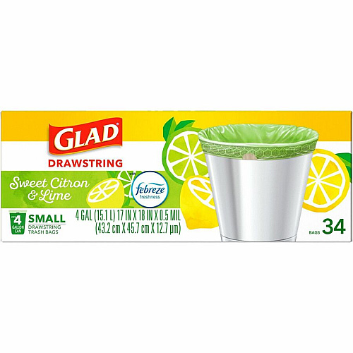 Glad Small Kitchen Drawstring Trash Bags Febreze Sweet Citron & Lime - 4 gal Capacity - Drawstring Closure - Green - Home Office, Bathroom, Kitchen, Laundry - 34 / Box (79120)