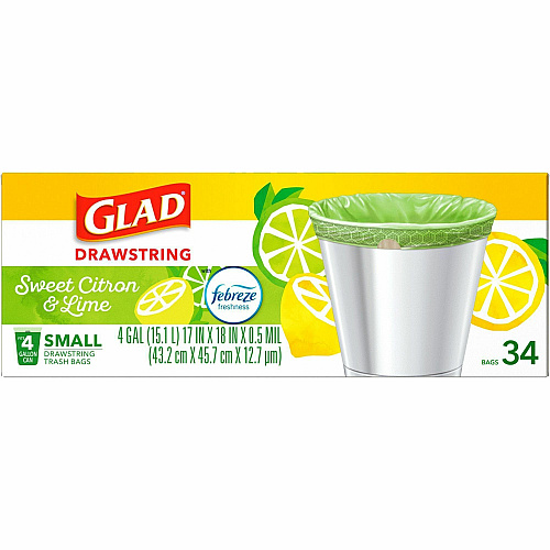 Glad Small Kitchen Drawstring Trash Bags Febreze Sweet Citron & Lime - 4 gal Capacity - Drawstring Closure - Green - Home Office, Bathroom, Kitchen, Laundry - 34 / Box (79120)