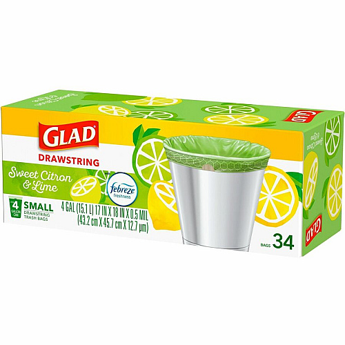 Glad Small Kitchen Drawstring Trash Bags Febreze Sweet Citron & Lime - 4 gal Capacity - Drawstring Closure - Green - Home Office, Bathroom, Kitchen, Laundry - 34 / Box (79120)