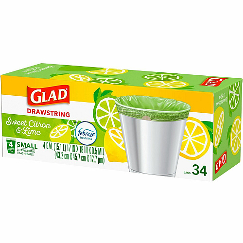 Glad Small Kitchen Drawstring Trash Bags Febreze Sweet Citron & Lime - 4 gal Capacity - Drawstring Closure - Green - Home Office, Bathroom, Kitchen, Laundry - 34 / Box (79120)
