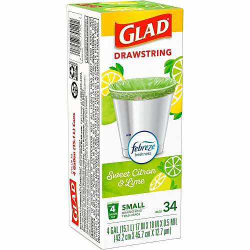 Glad Small Kitchen Drawstring Trash Bags Febreze Sweet Citron & Lime - 4 gal Capacity - Drawstring Closure - Green - Home Office, Bathroom, Kitchen, Laundry - 34 / Box (79120)