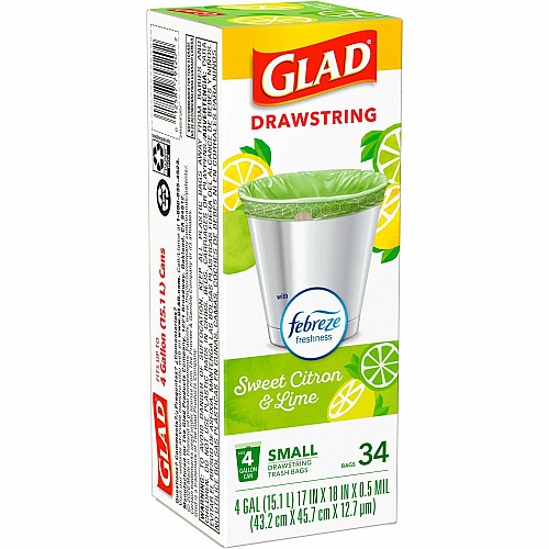 Glad Small Kitchen Drawstring Trash Bags Febreze Sweet Citron & Lime - 4 gal Capacity - Drawstring Closure - Green - Home Office, Bathroom, Kitchen, Laundry - 34 / Box (79120)