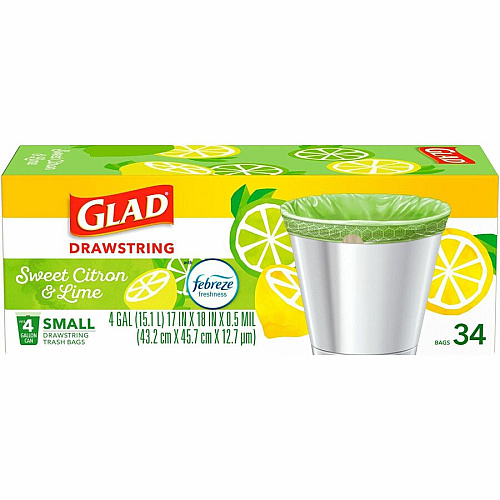 Glad Small Kitchen Drawstring Trash Bags Febreze Sweet Citron & Lime - 4 gal Capacity - Drawstring Closure - Green - Home Office, Bathroom, Kitchen, Laundry - 34 / Box (79120)