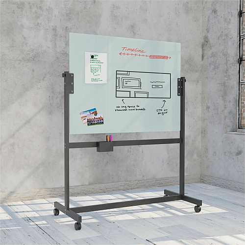 U Brands Magnetic Glass Dry Erase Board Rolling Easel 48" (4 ft) Width x 36" (3 ft) Height - Frosted White Tempered Glass Surface - Rectangle - Horizontal - Floor Standing, Portable - Magnetic - 1 Each (2368U0001)