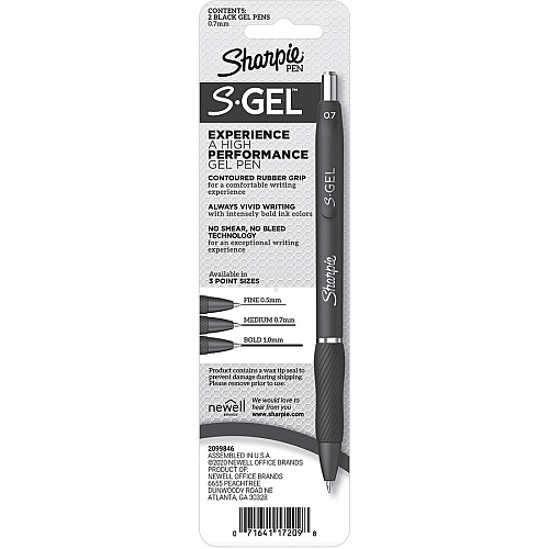 Sharpie S-Gel Pens 0.7 mm Pen Point - Black Ink - Gel-based - Black Barrel - 2 / Pack (2096156)