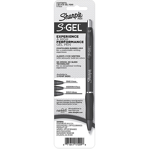 Sharpie S-Gel Pens 0.7 mm Pen Point - Black Ink - Gel-based - Black Barrel - 2 / Pack (2096156)
