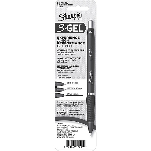 Sharpie S-Gel Pens 0.7 mm Pen Point - Blue Ink - Gel-based - Black Barrel - 2 / Pack (2096170)