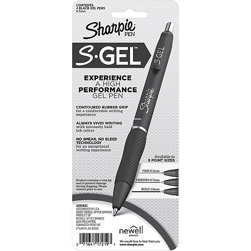 Sharpie S-Gel Pens 0.5 mm Fine Pen Point - Black Ink - Gel-based - Black Barrel - 4 / Pack (2096140)