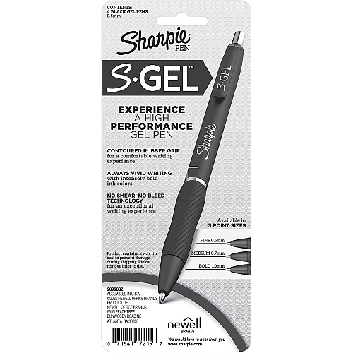 Sharpie S-Gel Pens 0.5 mm Fine Pen Point - Black Ink - Gel-based - Black Barrel - 4 / Pack (2096140)