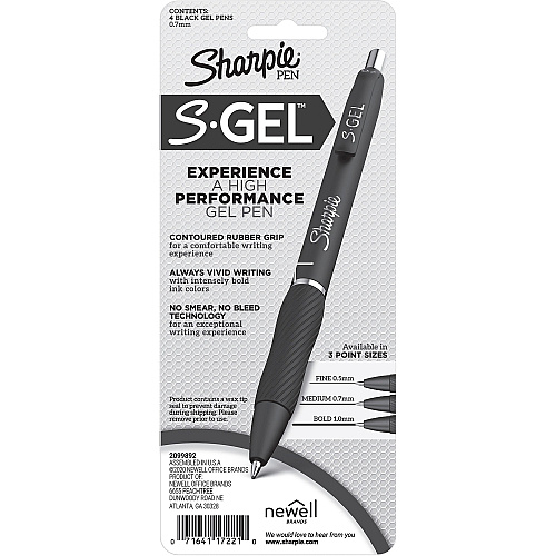 Sharpie S-Gel Pens 0.7 mm Medium Pen Point - Refillable - Retractable - Black Ink - Gel-based - Black Barrel - 4 / Pack (2096134)