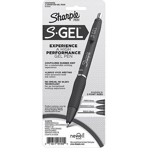 Sharpie S-Gel Pens 0.5 mm Pen Point - Blue, Black, Red Ink - Gel-based - Black Barrel - 4 / Pack (2116199)