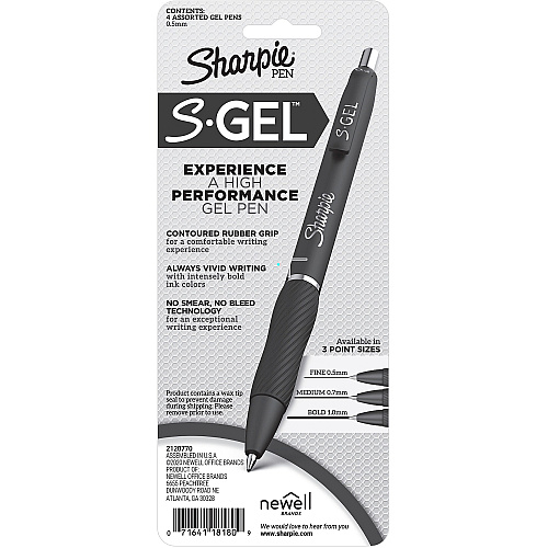 Sharpie S-Gel Pens 0.5 mm Pen Point - Blue, Black, Red Ink - Gel-based - Black Barrel - 4 / Pack (2116199)