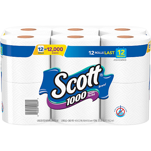 Scott&reg; Standard Toilet Paper Rolls, 1-Ply, 1000 Sheets, 12 Rolls 1 Ply - 3.70" Width x 4.10" Length - 1000 Sheets/Roll - White - 12 / Pack (10060)